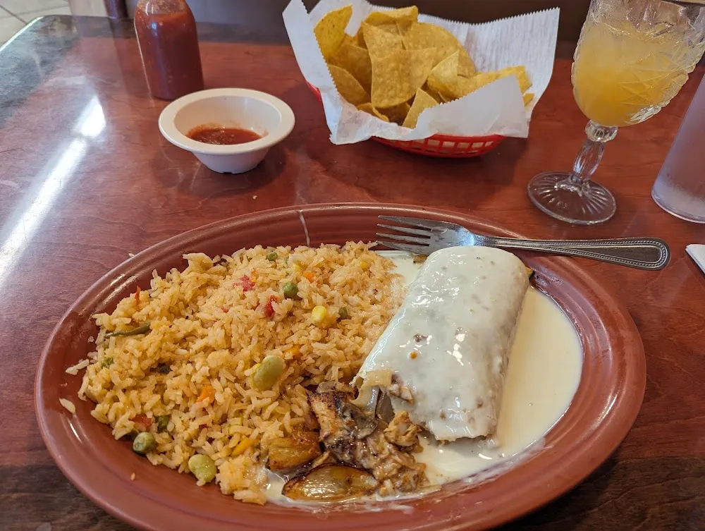 Burrito Primavera and Peach Margarita on the Rocks